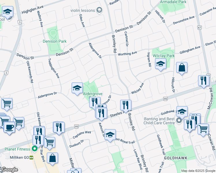 map of restaurants, bars, coffee shops, grocery stores, and more near in Markham