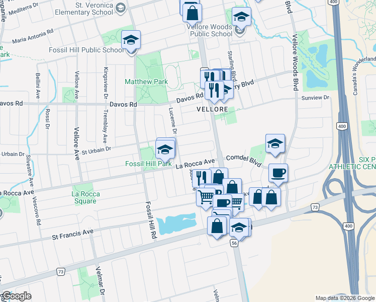 map of restaurants, bars, coffee shops, grocery stores, and more near in Vaughan
