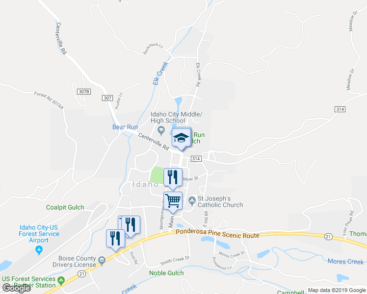 map of restaurants, bars, coffee shops, grocery stores, and more near 101 Elk Creek Road in Idaho City