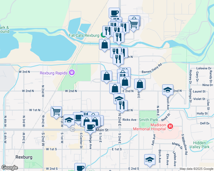 map of restaurants, bars, coffee shops, grocery stores, and more near 246 North 1st East in Rexburg