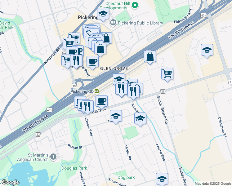 map of restaurants, bars, coffee shops, grocery stores, and more near 1410 Bayly Street in Pickering