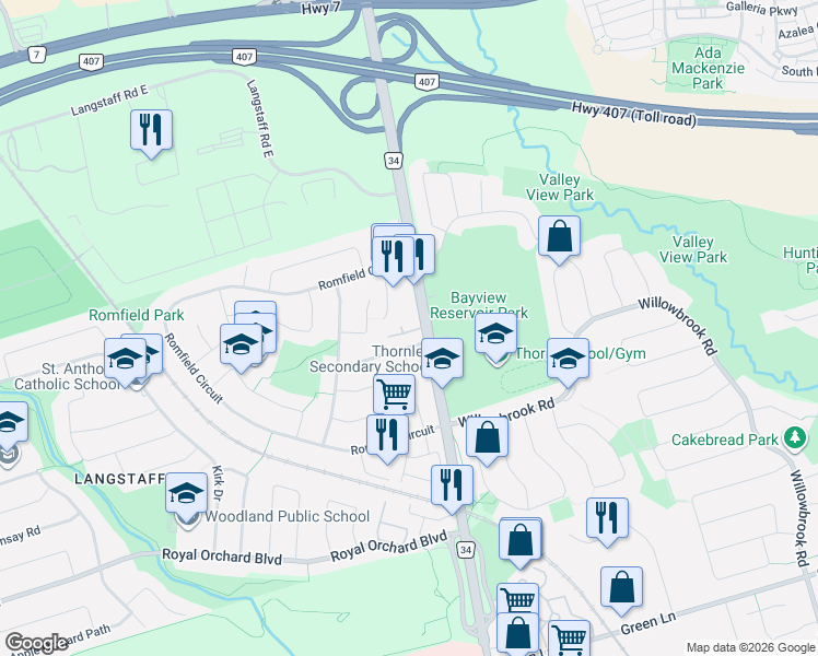 map of restaurants, bars, coffee shops, grocery stores, and more near 37 The Carriage Way in Markham