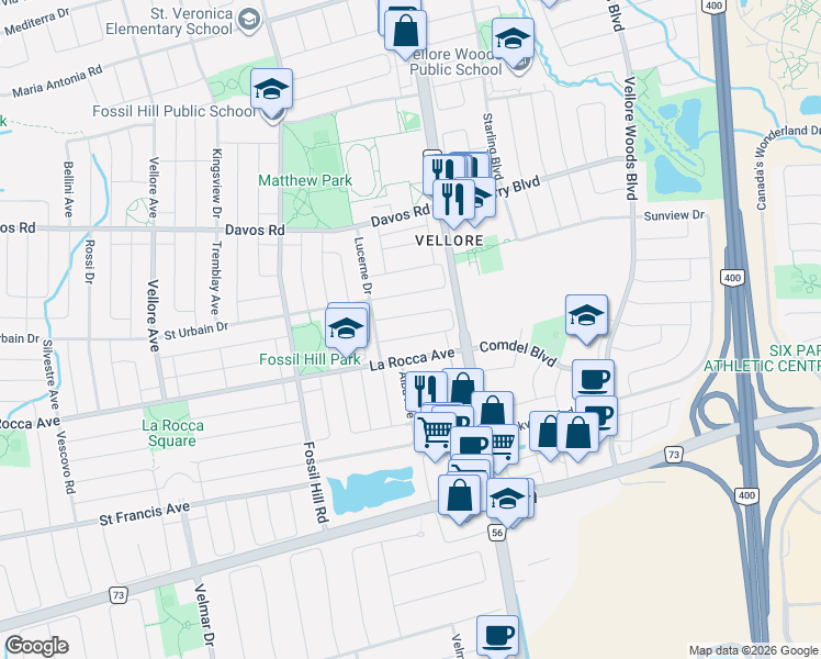 map of restaurants, bars, coffee shops, grocery stores, and more near 32 Laurelhurst Crescent in Vaughan