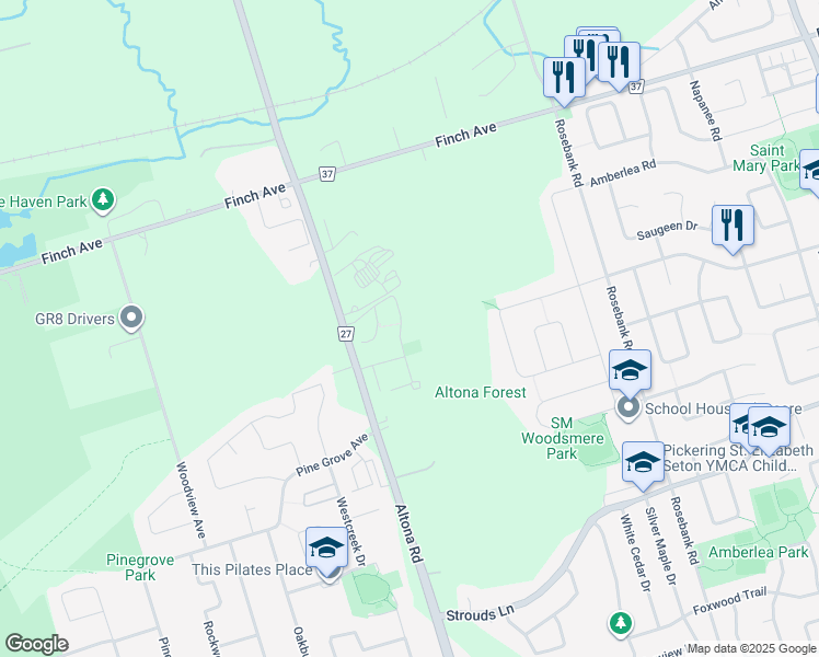 map of restaurants, bars, coffee shops, grocery stores, and more near 353 Sparrow Circle in Pickering