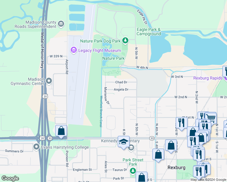 map of restaurants, bars, coffee shops, grocery stores, and more near 615 Angela Drive in Rexburg