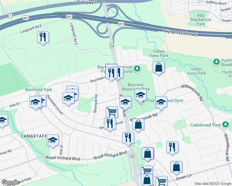 map of restaurants, bars, coffee shops, grocery stores, and more near in Markham