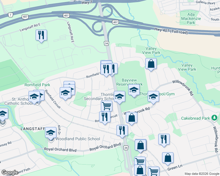 map of restaurants, bars, coffee shops, grocery stores, and more near 36 The Carriage Way in Markham