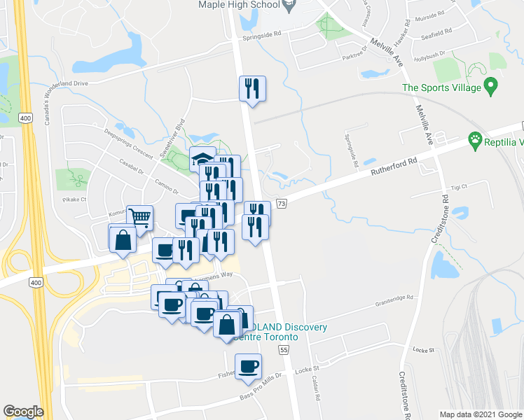 map of restaurants, bars, coffee shops, grocery stores, and more near 9085 Jane Street in Vaughan