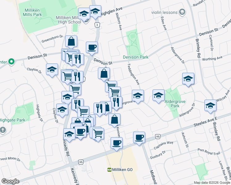 map of restaurants, bars, coffee shops, grocery stores, and more near 73 Kenley Crescent in Markham