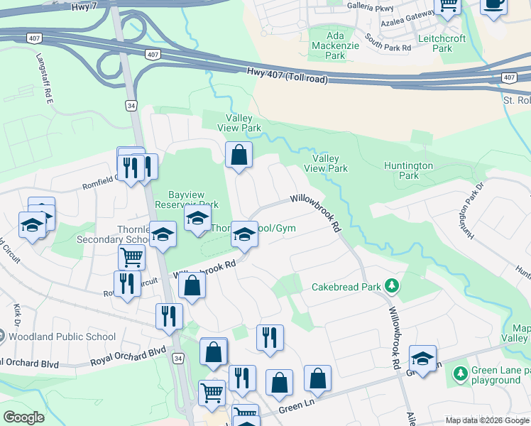 map of restaurants, bars, coffee shops, grocery stores, and more near in Markham