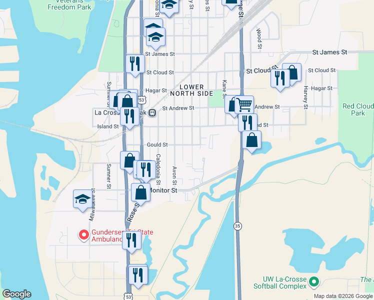 map of restaurants, bars, coffee shops, grocery stores, and more near 406 Avon Street in La Crosse