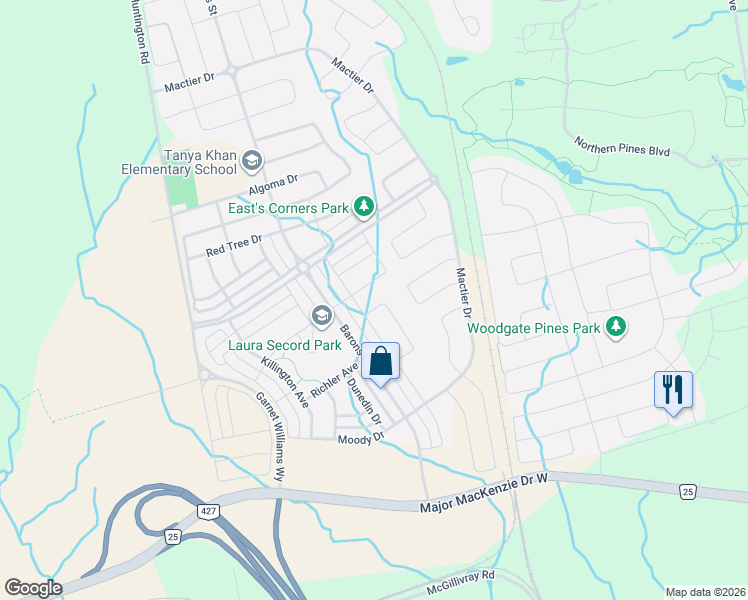 map of restaurants, bars, coffee shops, grocery stores, and more near 91 Card Lumber Crescent in Vaughan