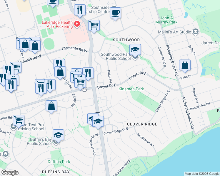map of restaurants, bars, coffee shops, grocery stores, and more near 25 Harland Crescent in Ajax