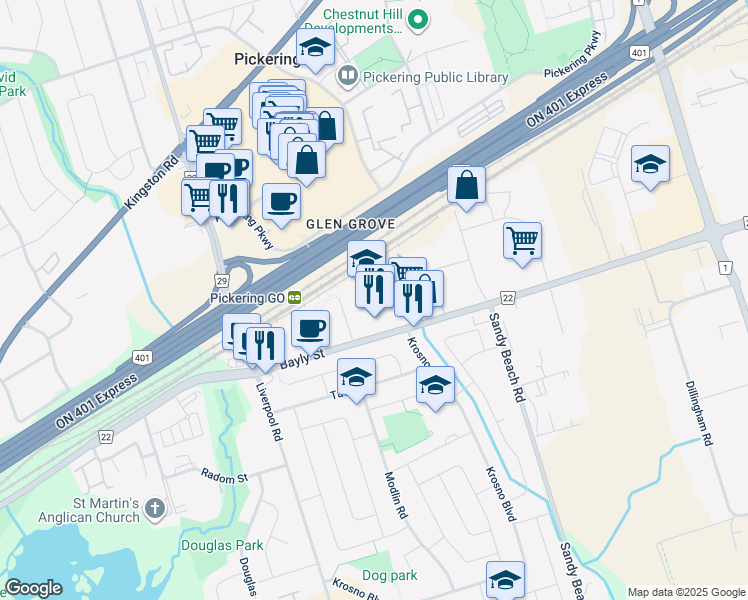 map of restaurants, bars, coffee shops, grocery stores, and more near 1410 Bayly Street in Pickering