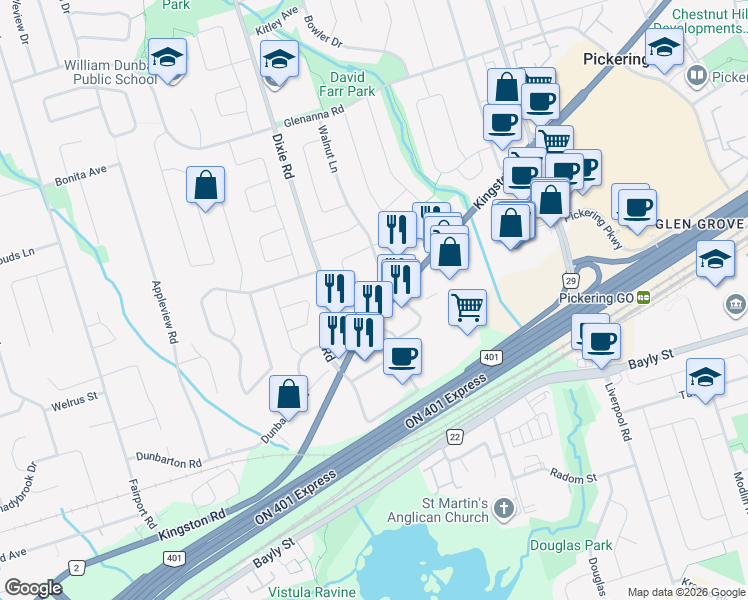 map of restaurants, bars, coffee shops, grocery stores, and more near 1709 Wollaston Court in Pickering