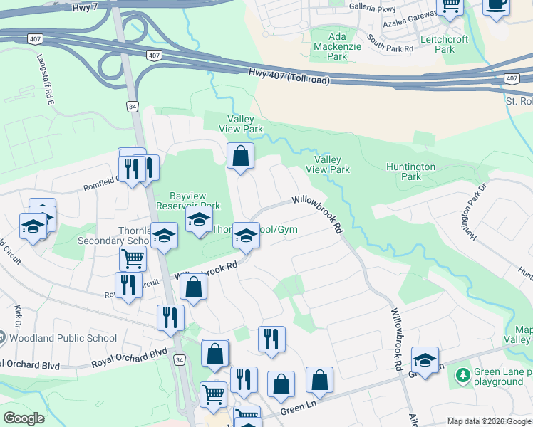 map of restaurants, bars, coffee shops, grocery stores, and more near 71 Willowbrook Road in Markham