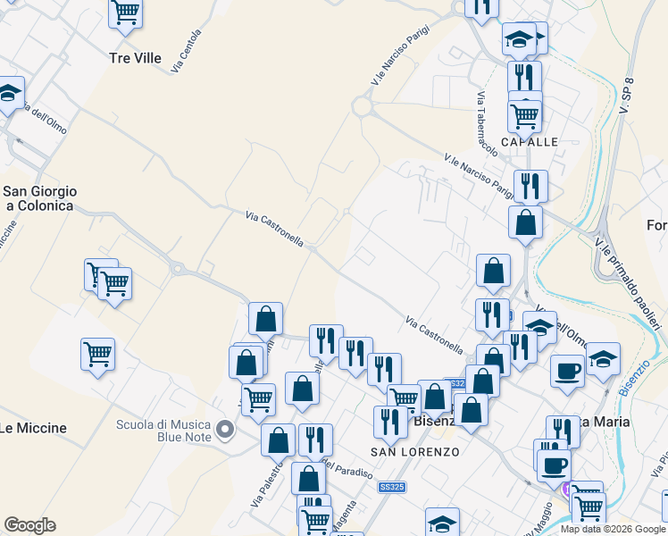 map of restaurants, bars, coffee shops, grocery stores, and more near 241 Via Castronella in Città Metropolitana di Firenze