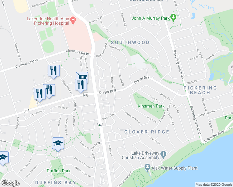 map of restaurants, bars, coffee shops, grocery stores, and more near 18 Harland Crescent in Ajax