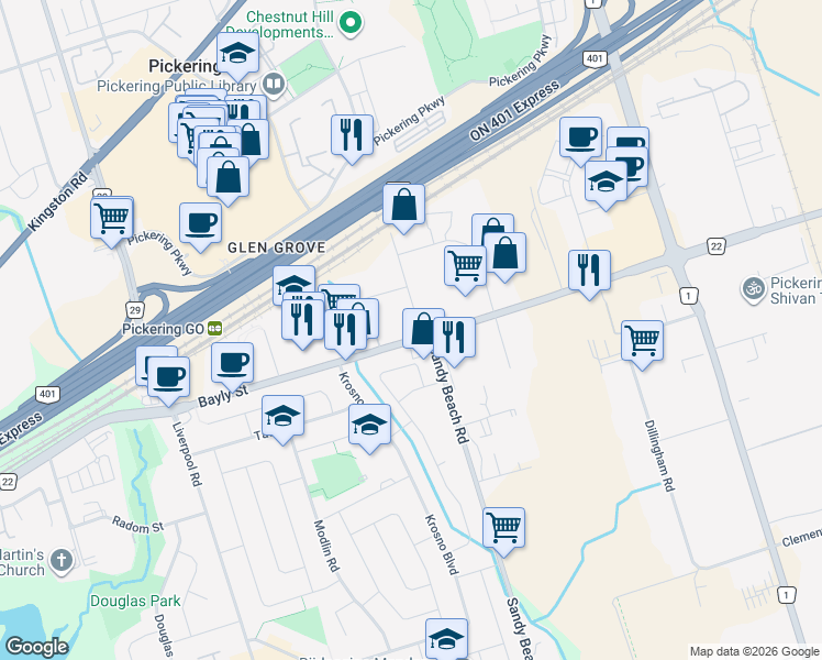 map of restaurants, bars, coffee shops, grocery stores, and more near 1496 Bayly Street in Pickering