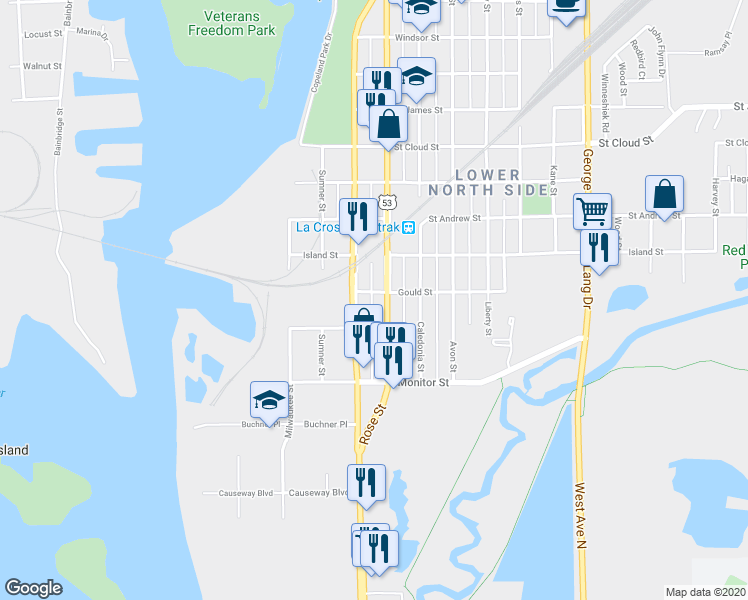 map of restaurants, bars, coffee shops, grocery stores, and more near 406 Island Street in La Crosse