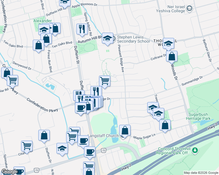map of restaurants, bars, coffee shops, grocery stores, and more near 119 Gauguin Avenue in Vaughan