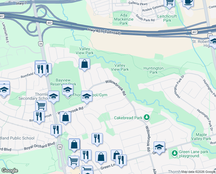 map of restaurants, bars, coffee shops, grocery stores, and more near 10 Charnwood Place in Markham