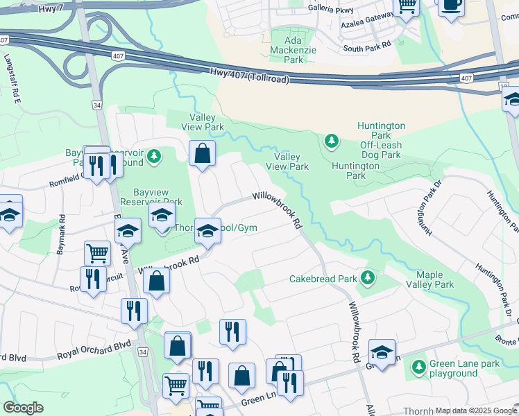 map of restaurants, bars, coffee shops, grocery stores, and more near 10 Charnwood Place in Markham