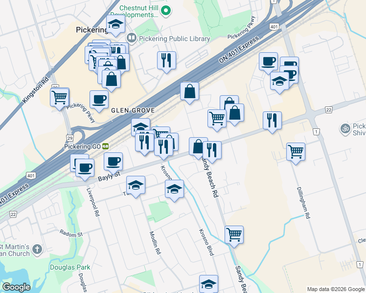 map of restaurants, bars, coffee shops, grocery stores, and more near 1480 Bayly Street in Pickering