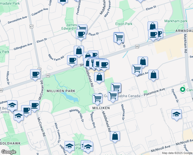 map of restaurants, bars, coffee shops, grocery stores, and more near 15-5651 Steeles Avenue East in Toronto
