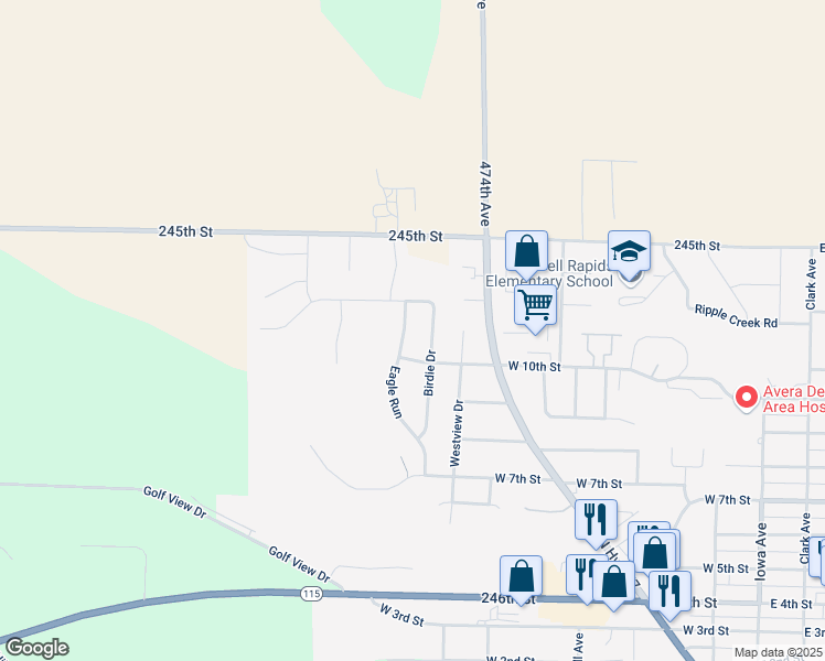 map of restaurants, bars, coffee shops, grocery stores, and more near 1006 Eagle Run in Dell Rapids