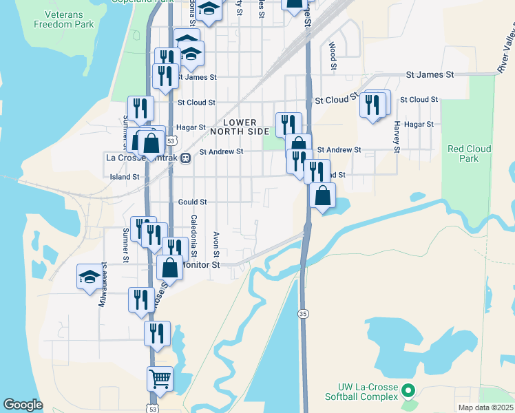map of restaurants, bars, coffee shops, grocery stores, and more near 918 Gould Street in La Crosse