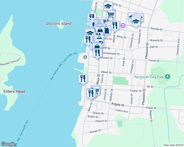 map of restaurants, bars, coffee shops, grocery stores, and more near 7 Pearl Street in Yarmouth