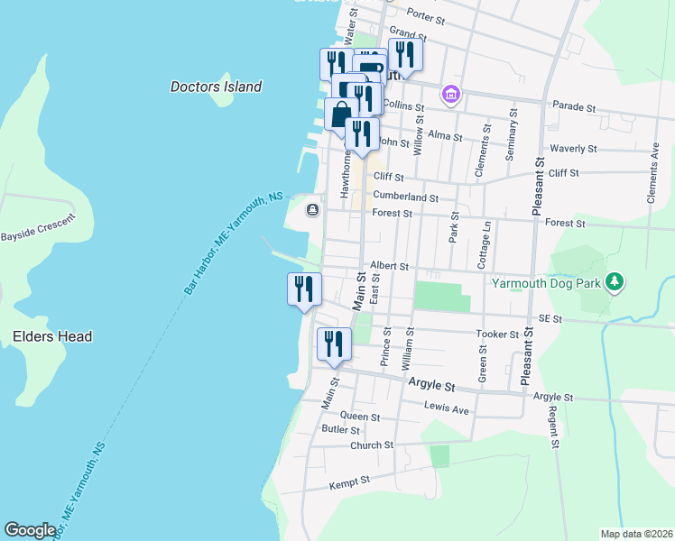 map of restaurants, bars, coffee shops, grocery stores, and more near 7 Pearl Street in Yarmouth