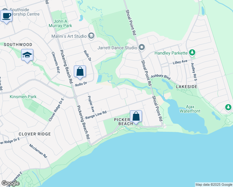 map of restaurants, bars, coffee shops, grocery stores, and more near 2978 Seabreeze Road in Ajax