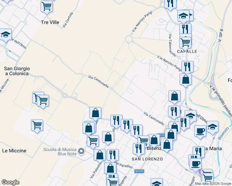 map of restaurants, bars, coffee shops, grocery stores, and more near 241 Via Castronella in Città Metropolitana di Firenze
