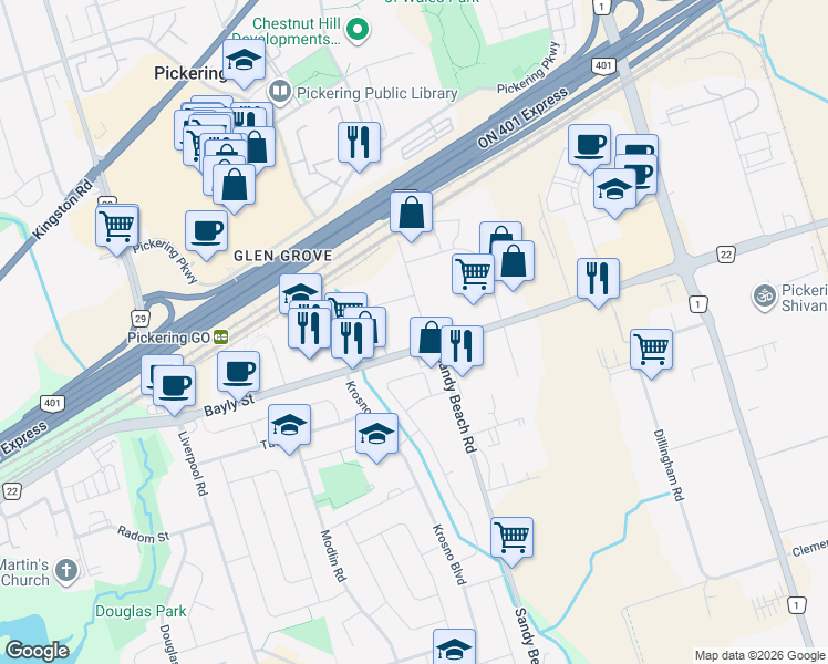 map of restaurants, bars, coffee shops, grocery stores, and more near 1010 Sandy Beach Road in Pickering