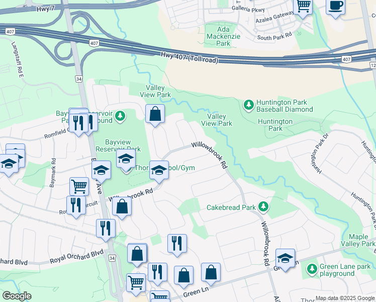 map of restaurants, bars, coffee shops, grocery stores, and more near 83 Willowbrook Road in Markham