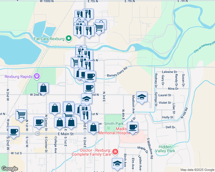 map of restaurants, bars, coffee shops, grocery stores, and more near 264 North 3rd East in Rexburg