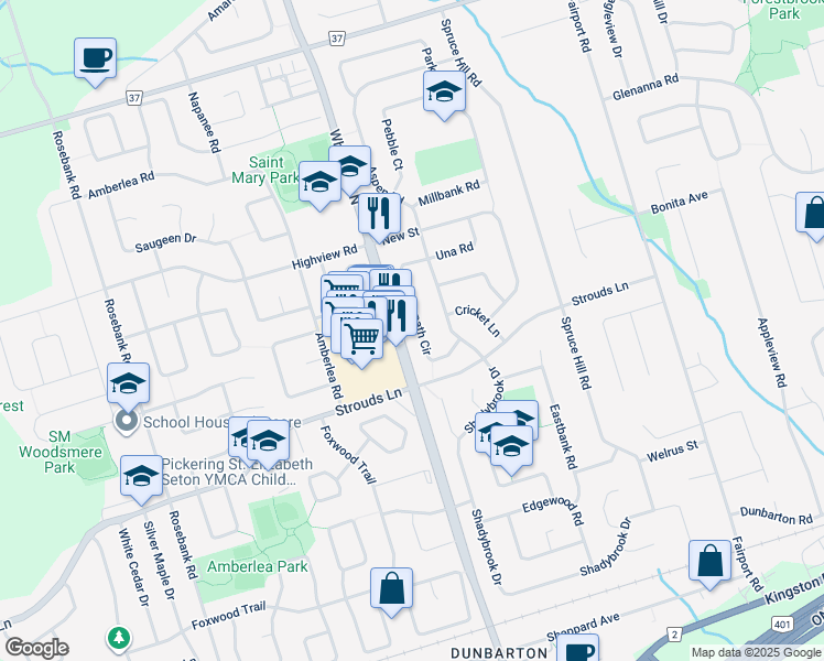 map of restaurants, bars, coffee shops, grocery stores, and more near 744 Stonepath Circle in Pickering