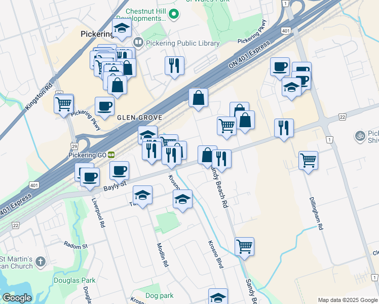map of restaurants, bars, coffee shops, grocery stores, and more near 1480 Bayly Street in Pickering