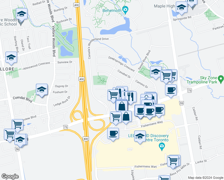 map of restaurants, bars, coffee shops, grocery stores, and more near 20 National Pine Drive in Vaughan
