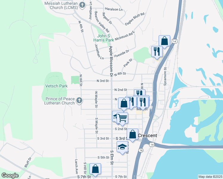 map of restaurants, bars, coffee shops, grocery stores, and more near 199 North Elm Street in La Crescent