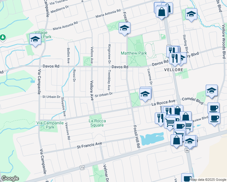 map of restaurants, bars, coffee shops, grocery stores, and more near 54 Saint Urbain Drive in Vaughan
