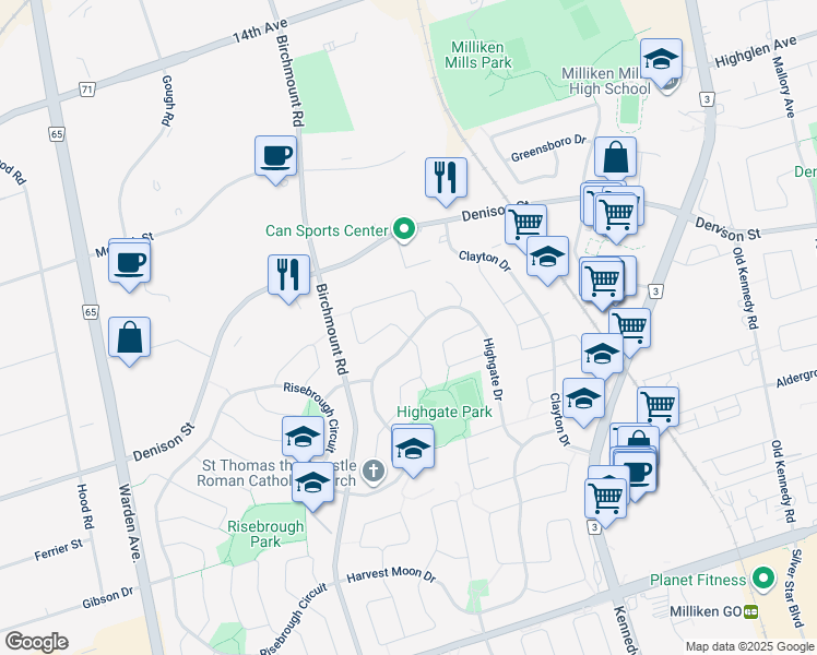 map of restaurants, bars, coffee shops, grocery stores, and more near 11 Upton Crescent in Markham