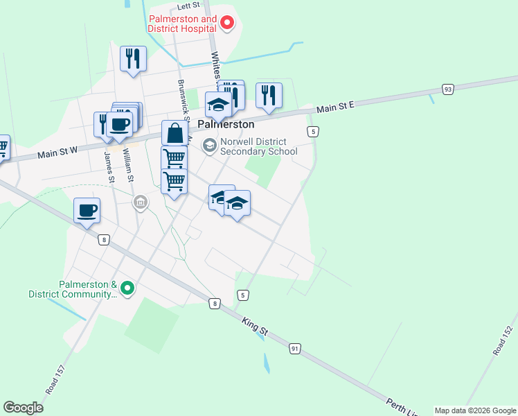 map of restaurants, bars, coffee shops, grocery stores, and more near 569 Derby Street in Mount Forest