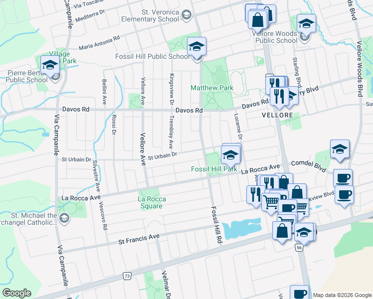 map of restaurants, bars, coffee shops, grocery stores, and more near 32 Saint Urbain Drive in Vaughan