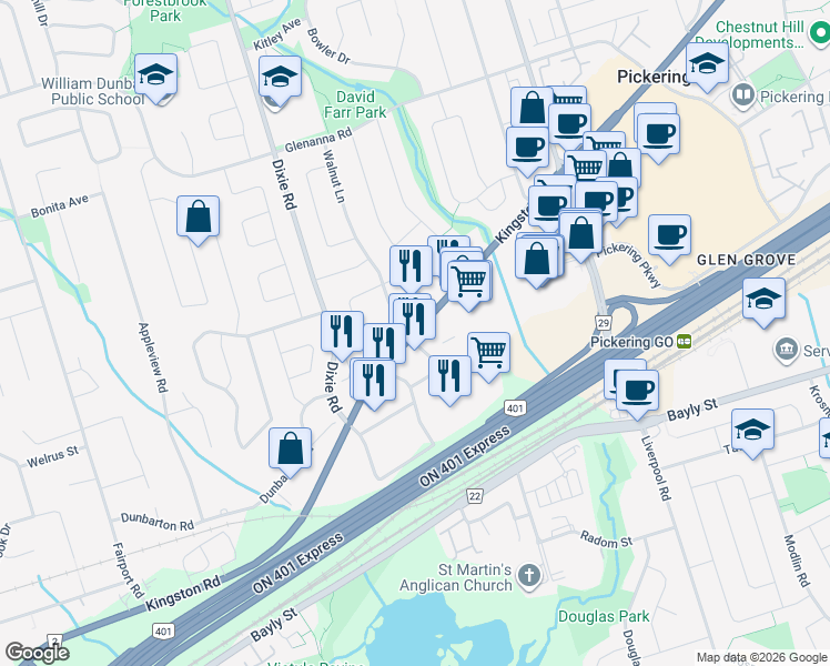 map of restaurants, bars, coffee shops, grocery stores, and more near Kingston Road in Pickering