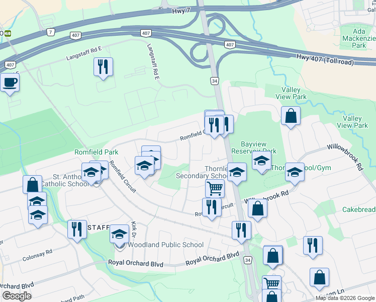 map of restaurants, bars, coffee shops, grocery stores, and more near 44 Baymark Road in Markham