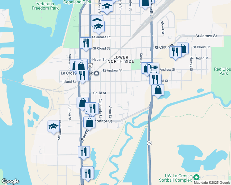 map of restaurants, bars, coffee shops, grocery stores, and more near 406 Avon Street in La Crosse