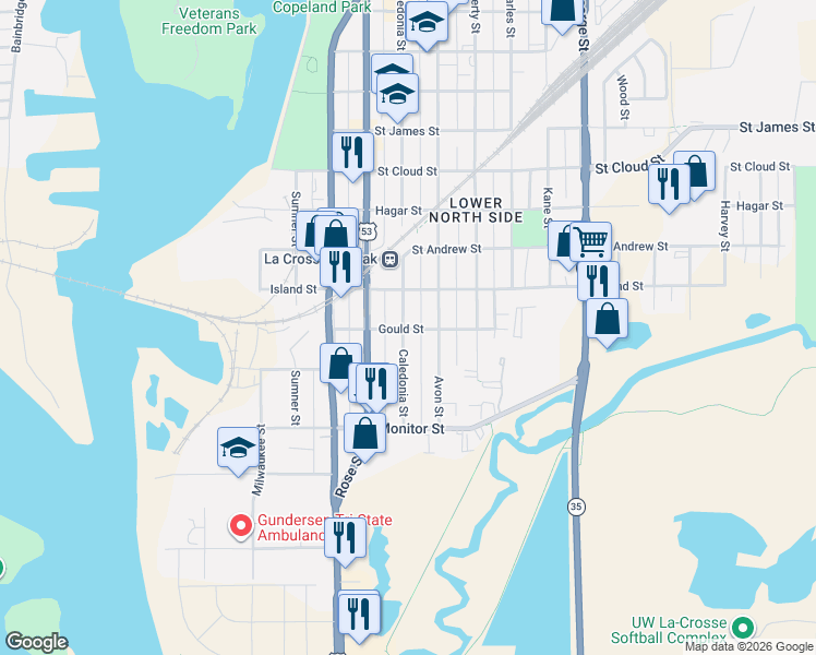 map of restaurants, bars, coffee shops, grocery stores, and more near 703 Gould Street in La Crosse